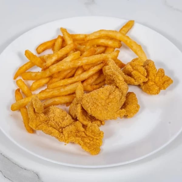 A white plate holds golden-brown french fries and crispy fried chicken tenders from 1+1 Hibachi Express.
